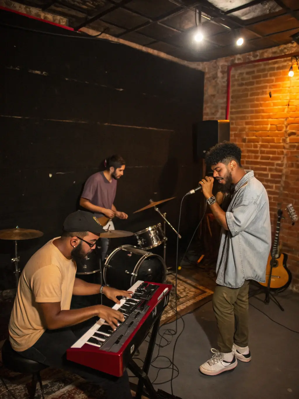 A focused shot of musicians rehearsing diligently for an upcoming performance, highlighting the dedication and passion within MUSIQUE PASSION BY THE COR ET HARPE ASSOCIATION.