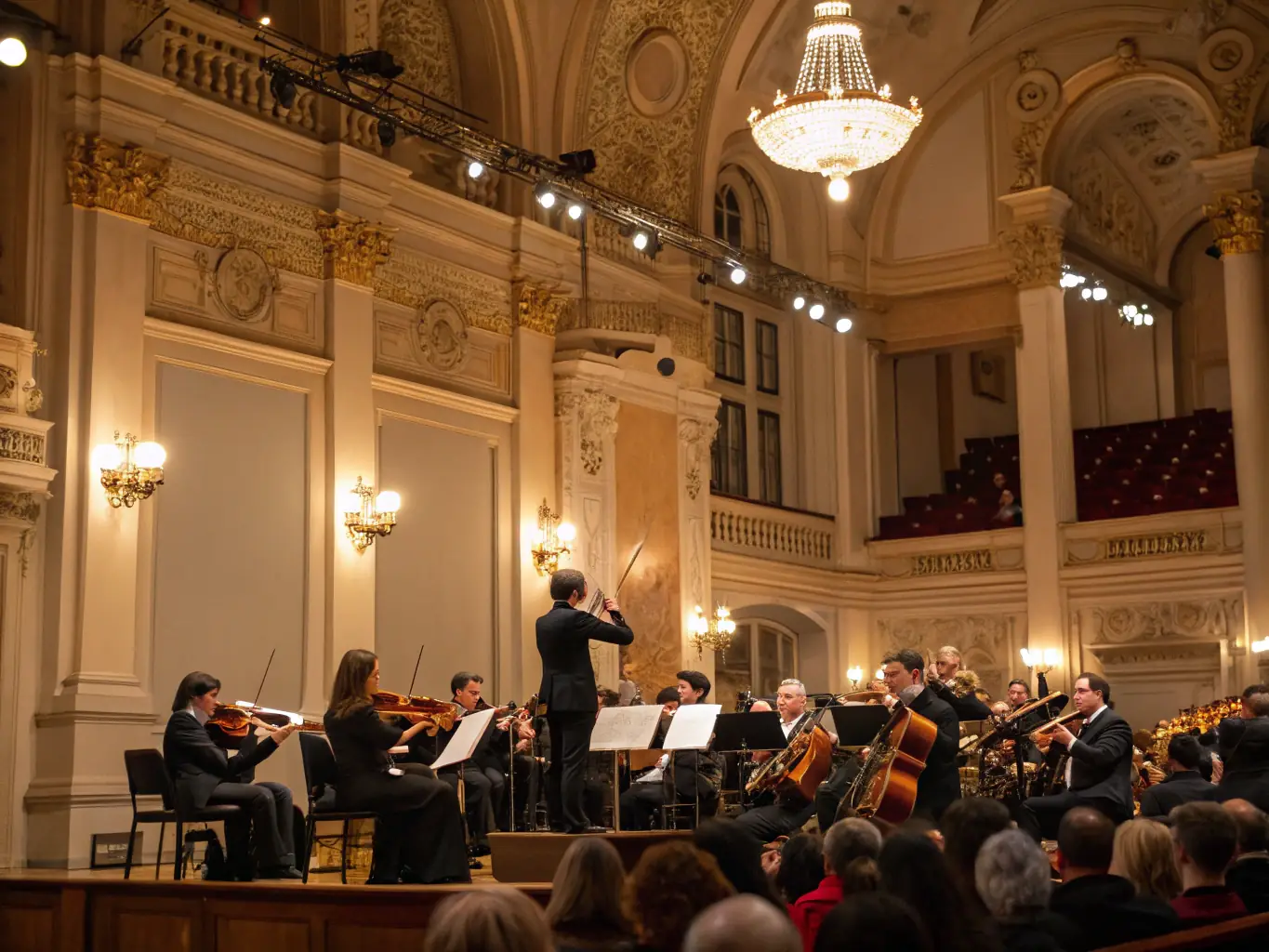 A string quartet performing in an intimate concert setting, with audience members attentively listening and enjoying the performance, showcasing the elegance and beauty of classical music.