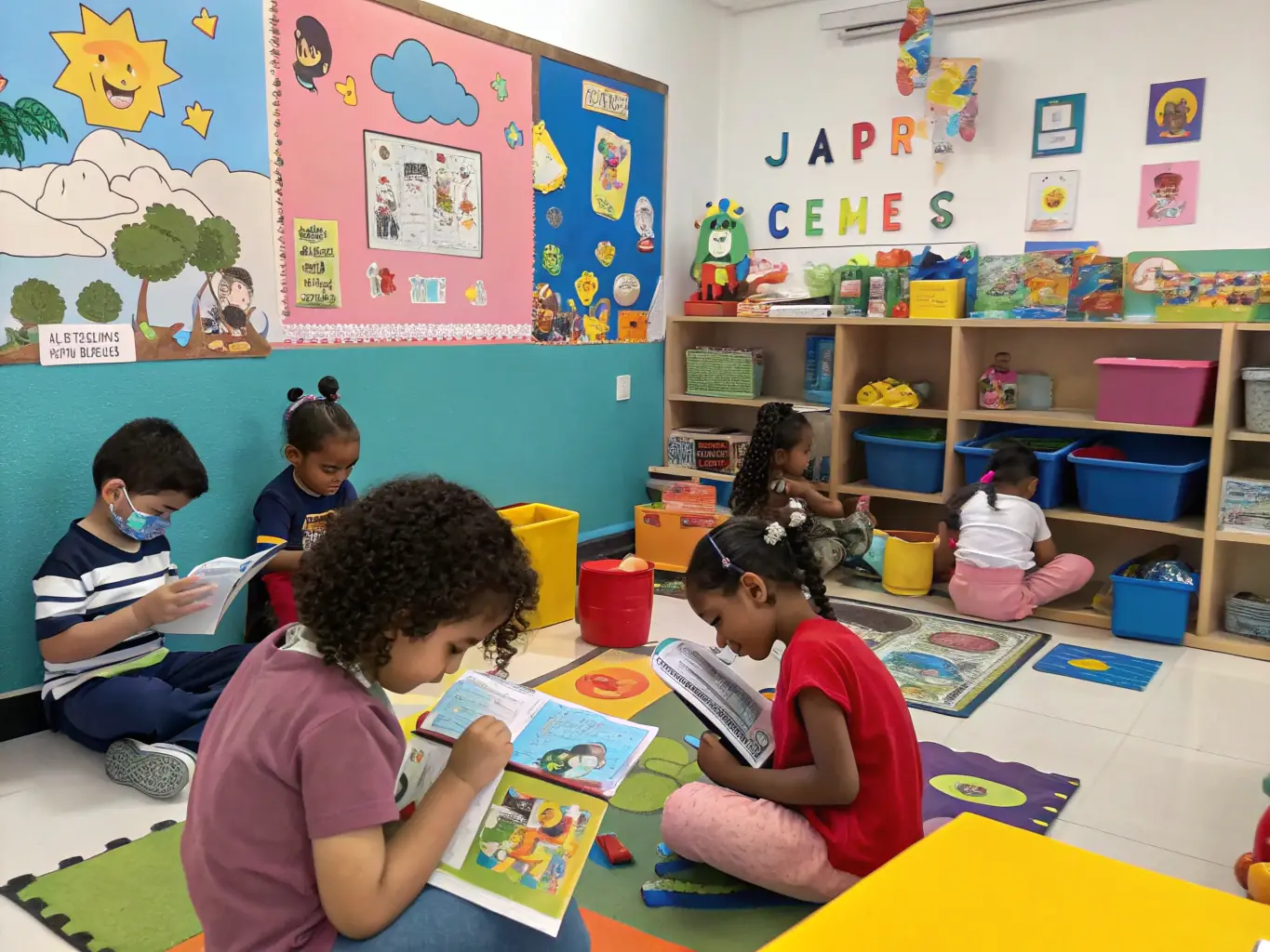 A group of children participating in a hands-on music workshop, learning to play simple instruments and engaging in rhythmic activities, set in a bright and cheerful classroom.