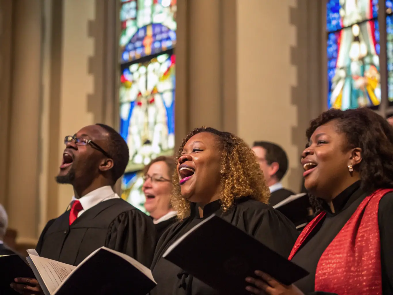 A community choir rehearsing in a large hall, with diverse members singing together harmoniously, reflecting the inclusive and collaborative spirit of the association.