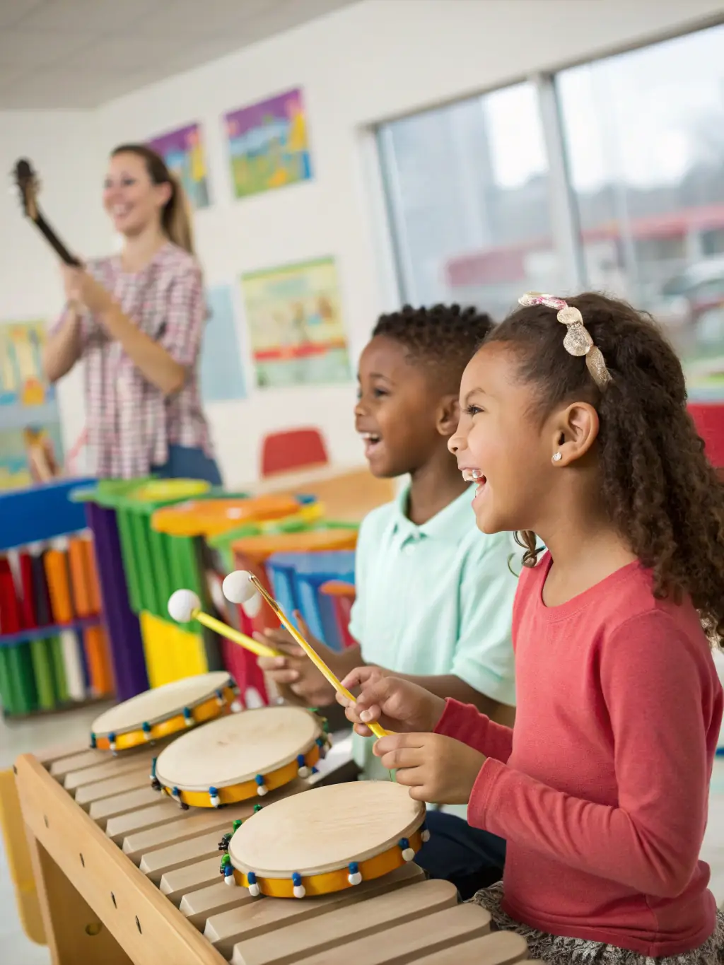A vibrant photo of children participating in a music workshop, learning to play various instruments with enthusiastic instructors at MUSIQUE PASSION BY THE COR ET HARPE ASSOCIATION.