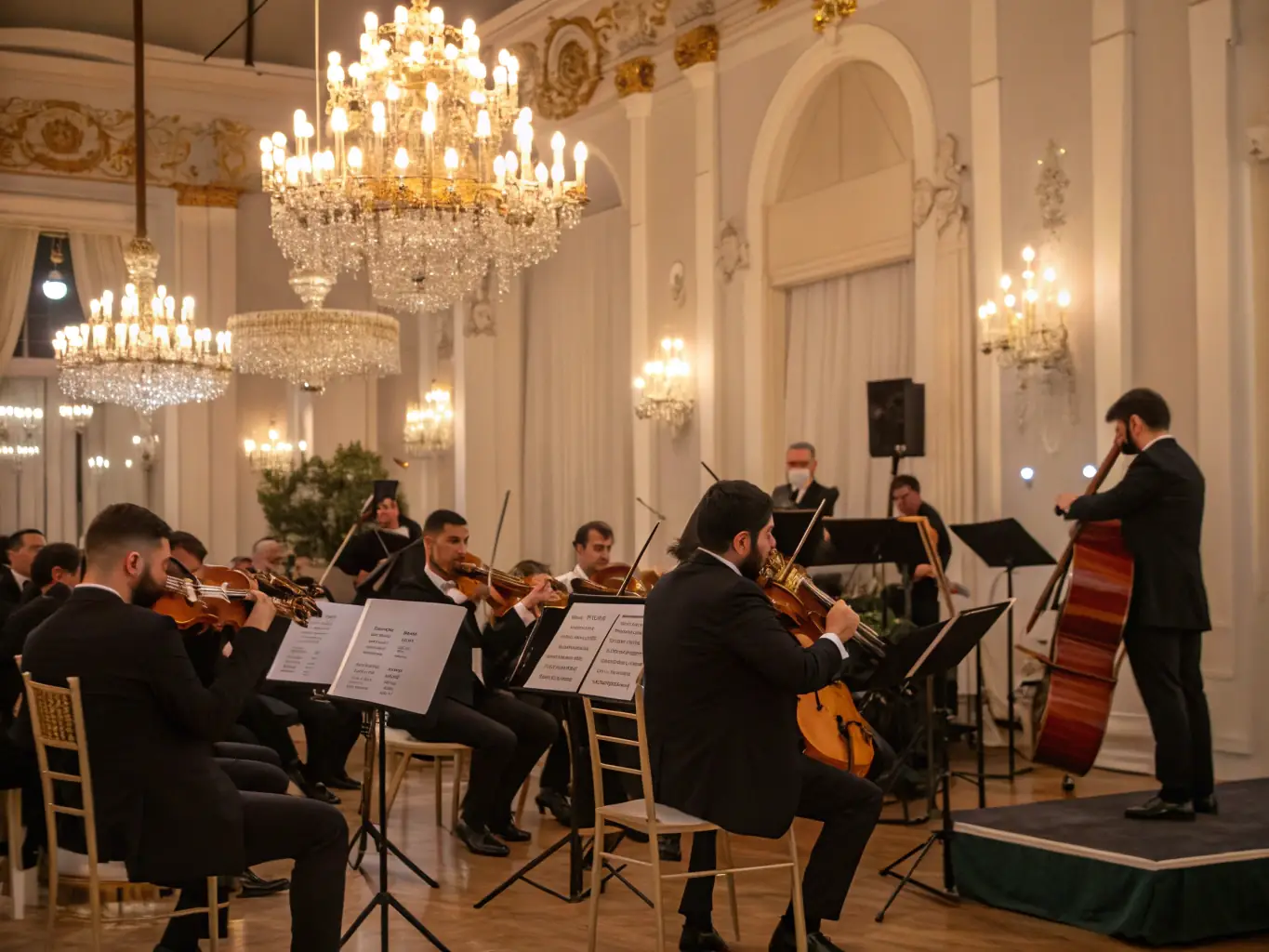 A vibrant image of a string quartet performing on stage, bathed in warm lighting, capturing the elegance and passion of classical music. The setting is a concert hall with an appreciative audience.