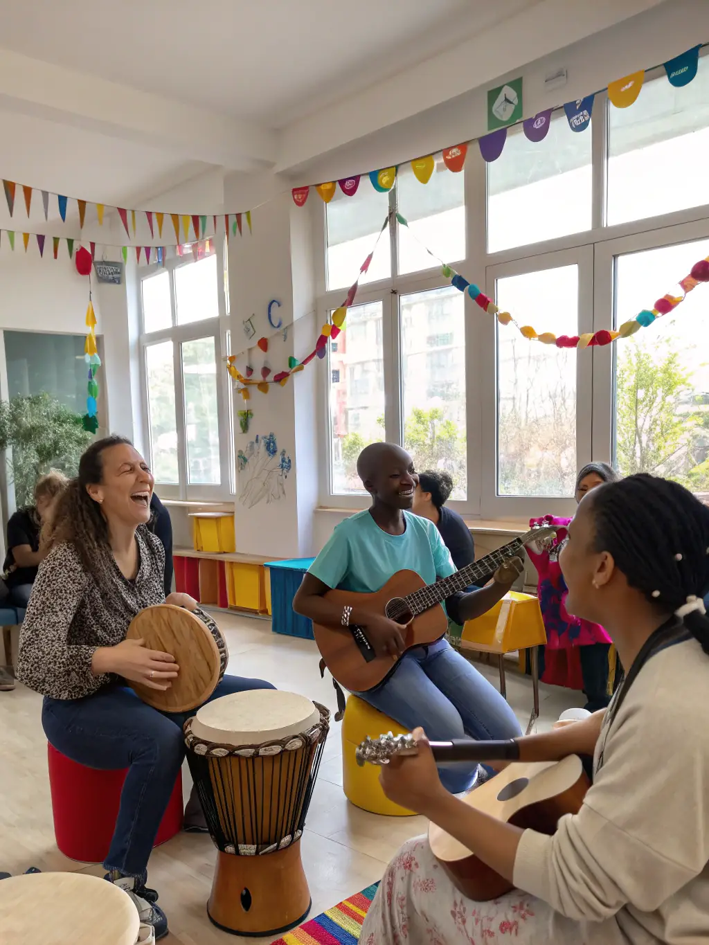 A heartwarming photo of elderly individuals enjoying a music therapy session, engaging with instruments and singing along with a therapist at MUSIQUE PASSION BY THE COR ET HARPE ASSOCIATION.